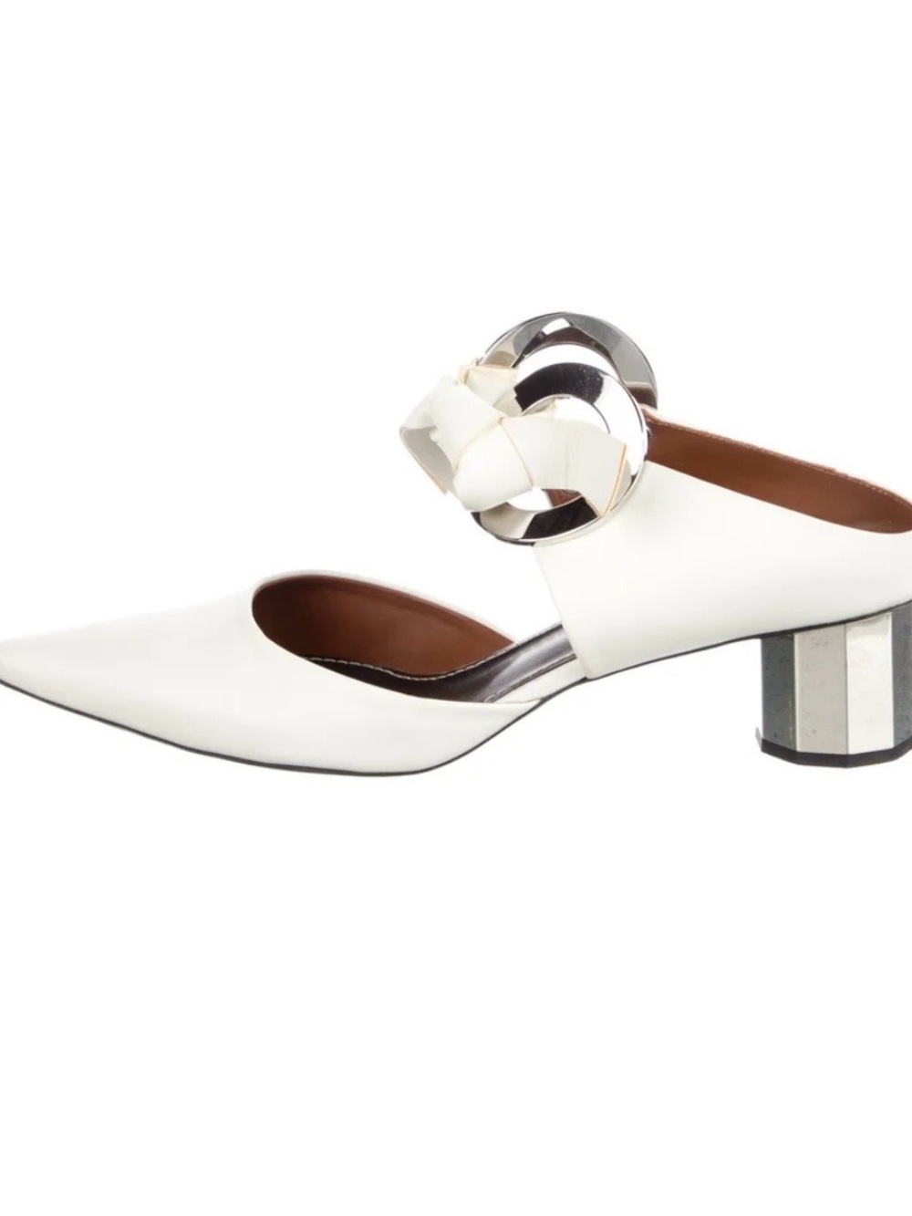White Pointed Toe Low Block Heel Pumps with Decorative Buckle